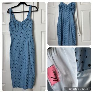 L- MANEATER WIGGLE DRESS IN SUNSET BLUE POLKA DOT